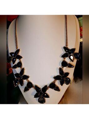 J. Crew Gold Tone Statement Necklace Black Grey Rhinestone Flower Tear Drop